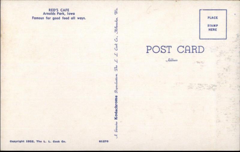 Arnolds Park IA Red's Caf‚ 1952 Postcard