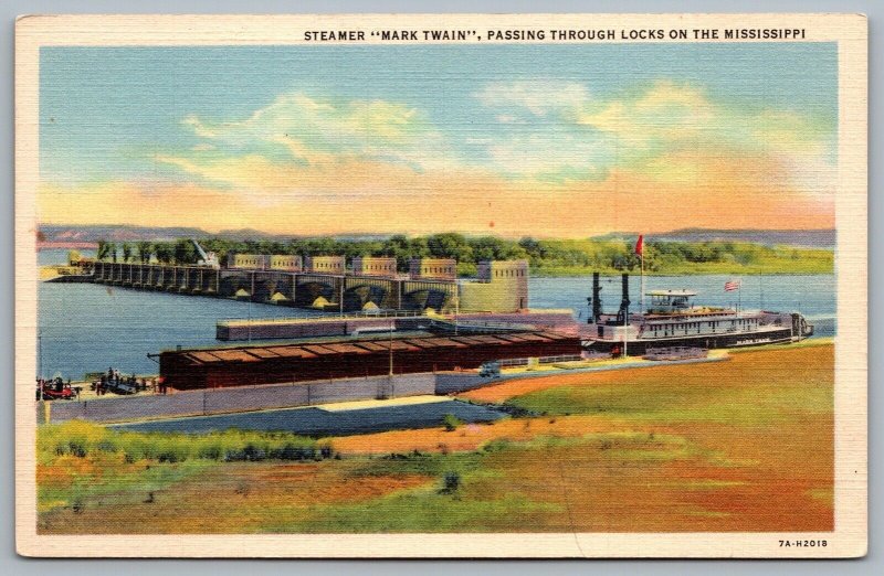 Postcard c1937 Steamer Mark Twain Passing Through Locks On The Mississippi