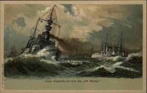 German Navy Battleships in High Seas Artist Drawn 1907 Publ in Kiel Postcard