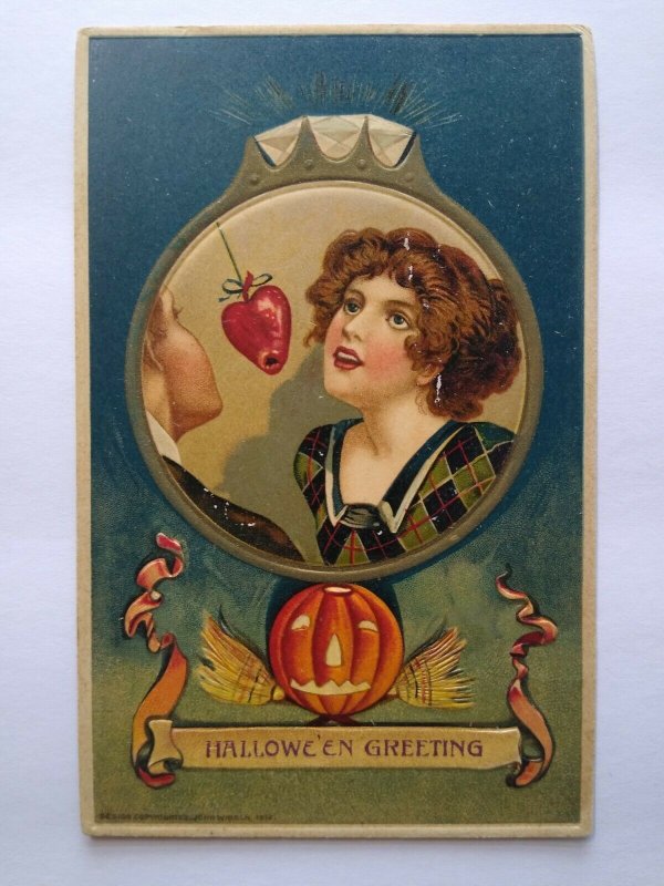 Original Halloween Postcard John Winsch Women Apple Heart Sycamore Kansas 1914 