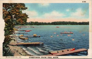 Greetings from Isle Minnesota Postcard docks boats swimmers raft 1946