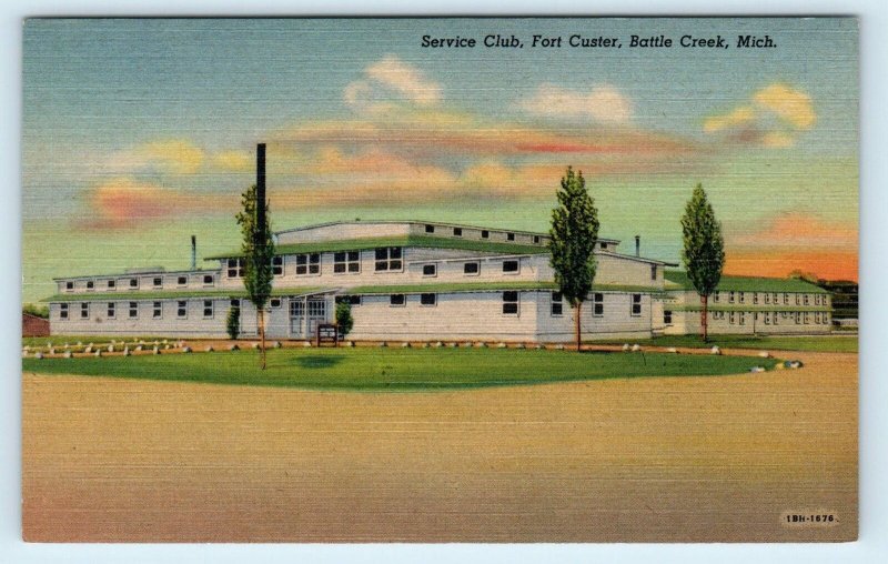 BATTLE CREEK, MI Michigan FORT CUSTER Service Club  c1940s Linen Postcard