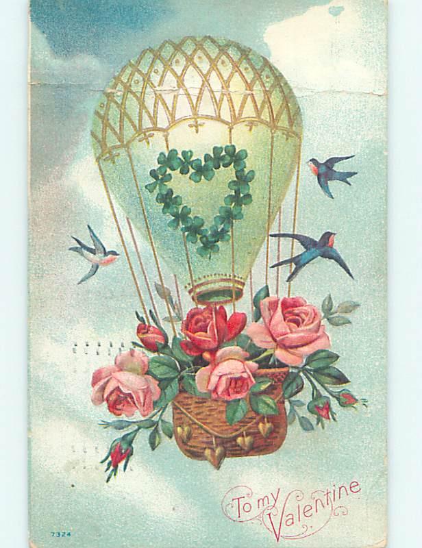 Pre-Linen valentine ROSE FLOWERS IN BASKET CARRIED BY HOT AIR BALLOON HJ2694