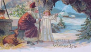 1912 Santa Claus Wine Robe Angel Deer Antique Vintage Christmas Postcard Germany