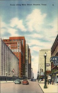 Houston Texas TX Main Street Classic Cars Linen Vintage Postcard