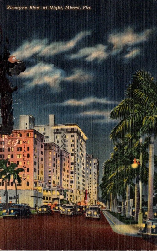 Florida Miami Biscayne Boulevard At Night 1943 Curteich