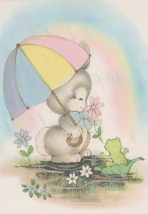 Children Postcard - Cute Bunny Rabbit With Umbrella - Over The Rainbow   RR7672