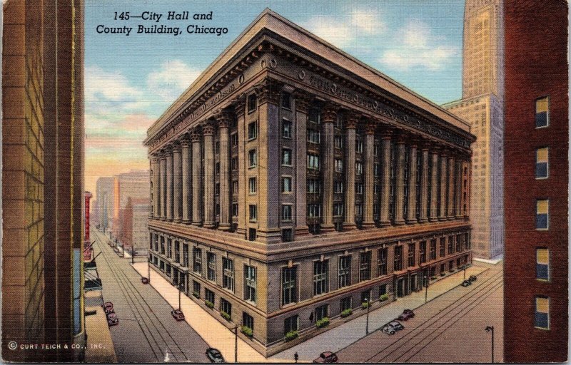 VINTAGE POSTCARD CITY HALL COUNTY BUILDING & STREET SCENE CHICAGO CURT TEICH