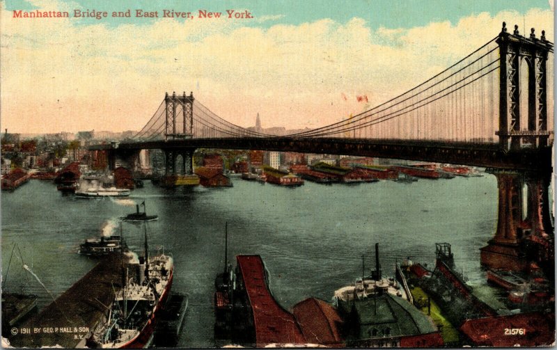 Vtg 1910s Manhattan Bridge and East River New York City NY Postcard