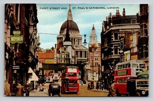 Vintage London Postcard Fleet Street St. Paul's Cathedral Valentine's Buses