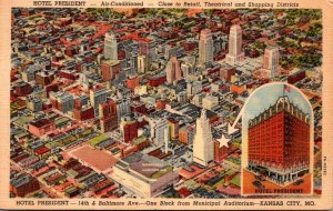 Missouri Kansas City Aerial View and Hotel President Curteich