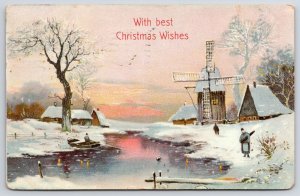 Postcard 1912 With Best Christmas Wishes Greetings! Windmill Stream Winter Snow