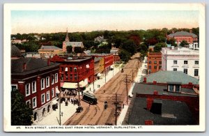 Burlington Vermont~Main Street Birdseye~Trolley Turns Corner by Drug Store~1916