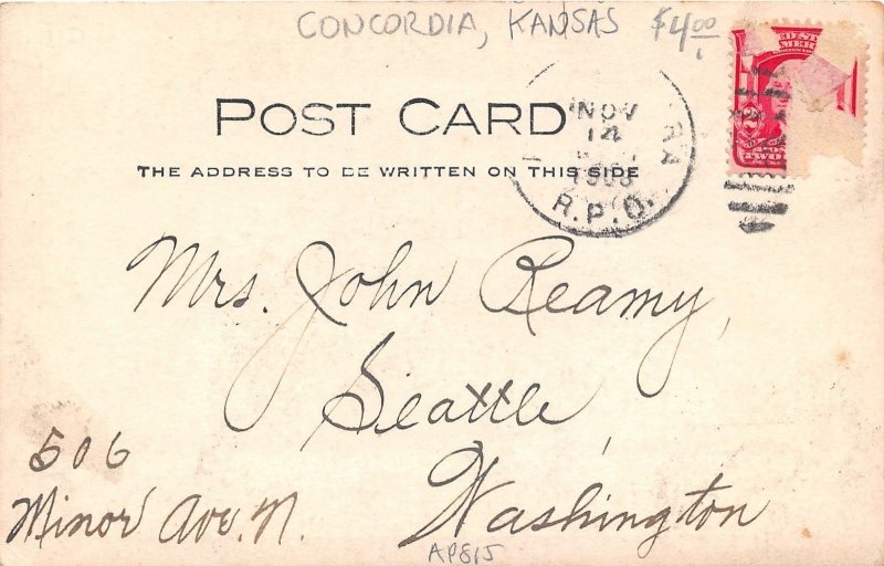Concoria Kansas~Catholic Cathedral~1908 RPPC-Postcard~RPO Railroad Postmark