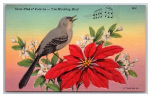 Mockingbird on Poinsettia State Bird Of Florida FL UNP Linen Postcard Z5