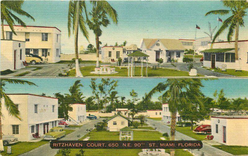 Autos Miami Florida 1961 Ritzhaven Court roadside Postcard linen Thomas 5646