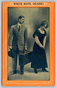 Write Soon Dearie, Man Leaving, 1913 Solomon Brothers Greetings Postcard S47