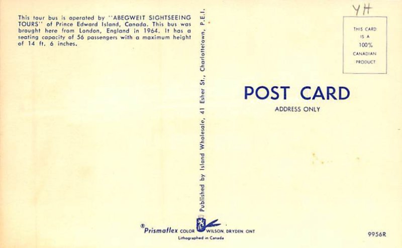 Abegweit Sightseeing Tours View Postcard Backing 