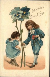 Blue Birthday Fantasy Little Girl Curtsies to Boy Victorian c1910 Postcard