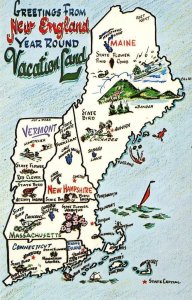 NEW ENGLAND Vacation Land Map Maine Vermont New Hampshire 1964 Vintage Postcard