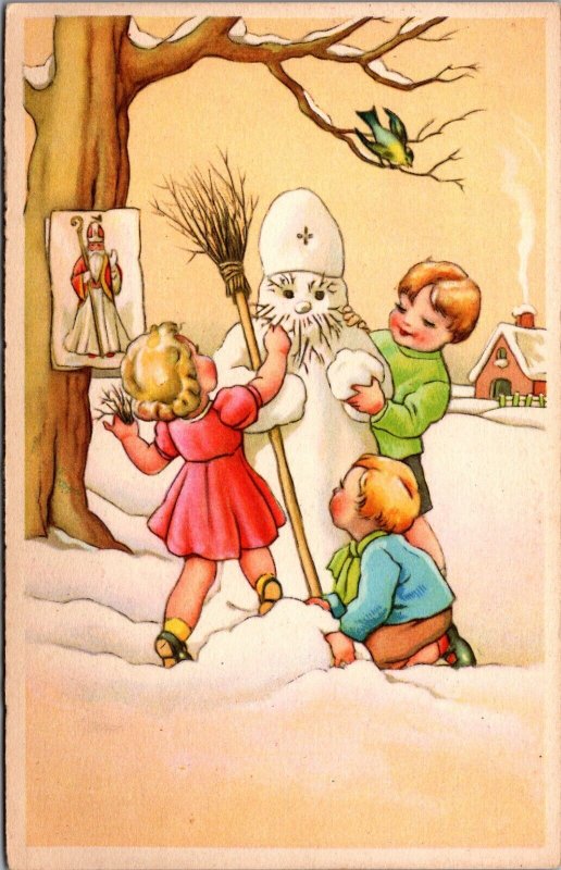 Groeten van Sint Niklaas Snowman Saint Nicolas Vintage Postcard C099