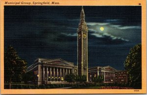 Vtg Municipal Group Night View Springfield Massachusetts MA Linen Postcard