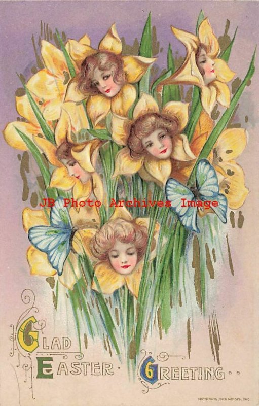 6 Postcards Set, Easter, Winsch 1910, Schmucker, Women in Flower Faces,Butterfly