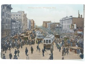 Trolley Cars / Trams on Portage Avenue Winnipeg Manitoba Canada Antique Postcard