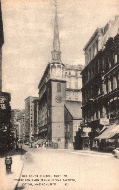 Vintage Postcard Old South Church where Benjamin Franklin was Baptized Boston MA