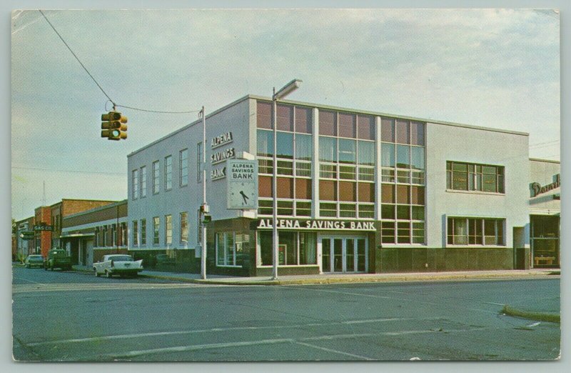 Alpena Michigan~City Savings Bank~Est 1893~Gas Co~50's Cars~Big Clock~Postcard