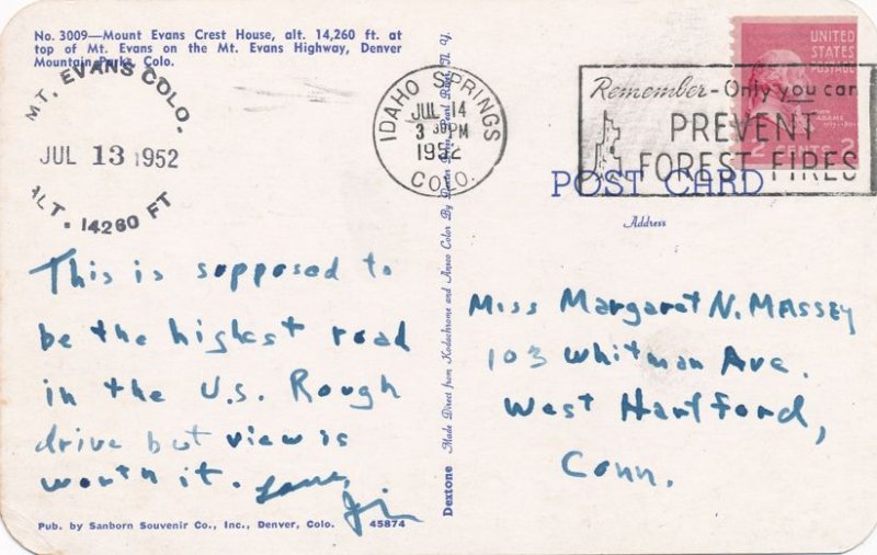 Crest House Mount Evans CO Colorado - Stamped Mount Evans July 13 1952 - pm 1952
