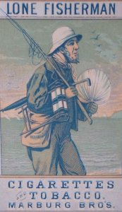 1800s Lone Fisherman Smoking Tobacco Cigarettes Marburg Trade Card