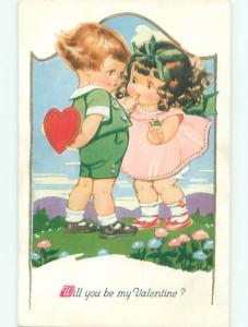 Pre-Linen valentine CUTE GIRL TRIES TO SEE HEART BEHIND BOY'S BACK J0142