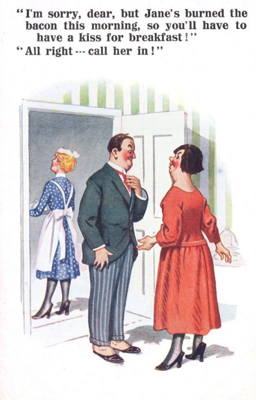 Kissing The House French Maid Instead Of Wife Comic Postcard