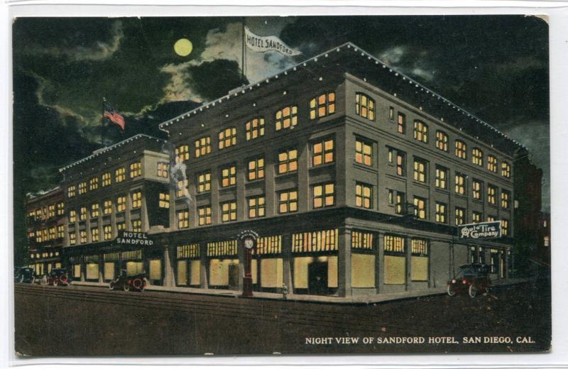 Sandford Hotel Moonlight Night View San Diego California 1915 postcard