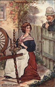 Ireland the Land of Erin Irish Woman Spinning Wheel c1910 Vintage Postcard