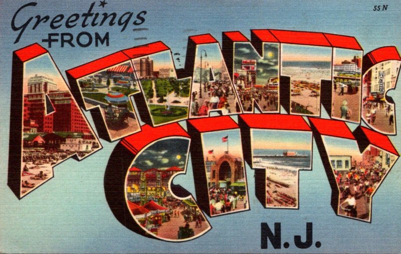 New Jersey Greetings From Atlantic City Large Letter Linen 1952