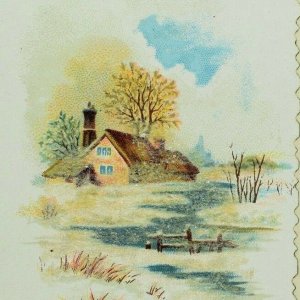 1880's Layered Mica Church Scene Christmas Die Cut Edge Victorian Card F81