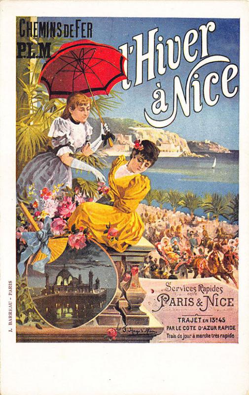 Paris - Nice Railroad Poster Artist Signed J. Hugo L' Alisa Postcard 