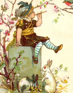 1880s-90s Victorian Trade Card Lovely Child Plants Flowers Birds Rabbits #L