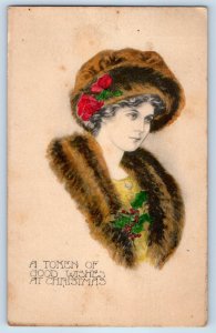 Christmas Pretty Woman With Bonnet Fur Stole Berries Flowers Antique Postcard