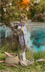 Bright Hand-Colored French RPPC 1er Avril, April Fools Day, Pretty Child Fishing