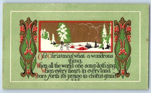 Christmas Poem Arts Crafts Holly Berries Pine Trees Winter Scene Posted Postcard