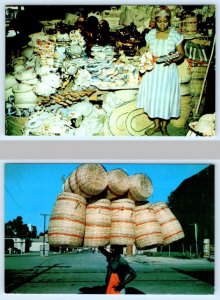 2 Postcards PORT AU PRINCE, HAITI ~ Basket Vendor IRON MARKET Scene c1960s