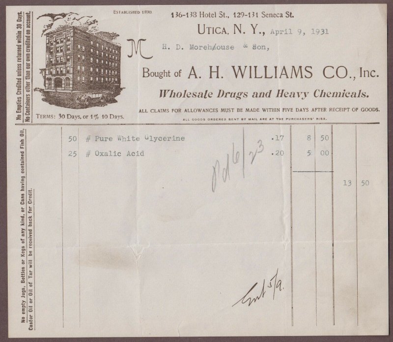 1931 A.H. Williams Wholesale Drugs & Heavy Chemical Utica New York Billhead