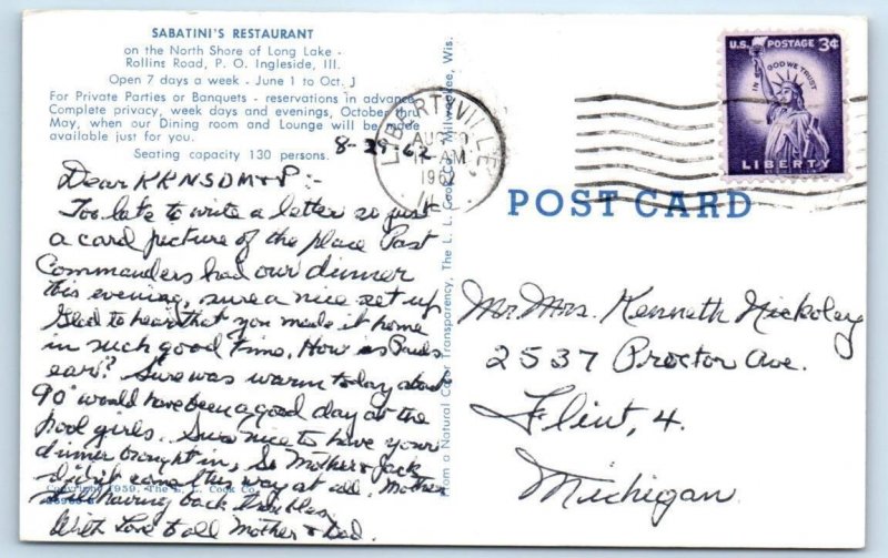 INGLESIDE, IL  ~ Roadside SABATINI'S RESTAURANT 1962 Lake County Postcard 
