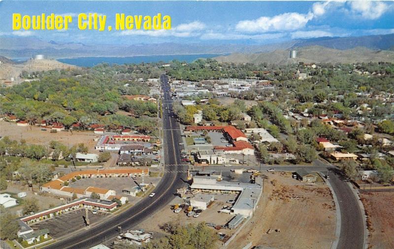 Boulder City Nevada Bird's Eye View~Street-Houses-Hotels-River? Bknd~1960s Pc