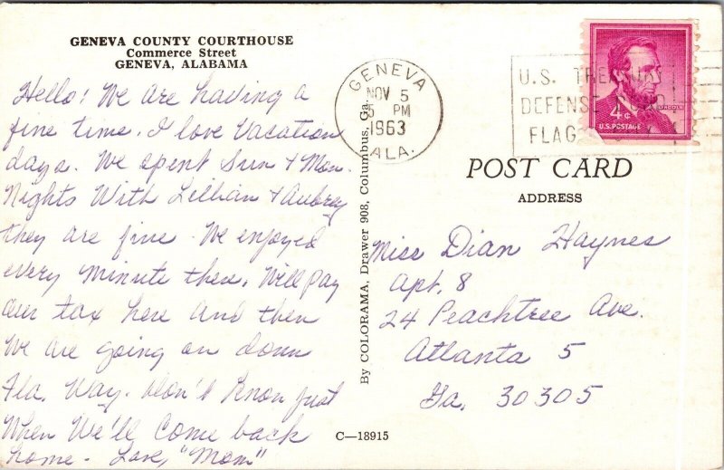 Vtg Alabama AL Commerce Street View Geneva County Court House 1960s Postcard