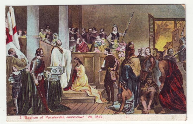 P1189a old postcard unused history baptism pocahontas jamestown virginia #1613