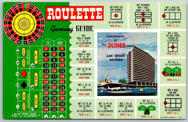 Vtg Las Vegas Nevada NV Roulette Gaming Guide Dunes Hotel Resort Postcard